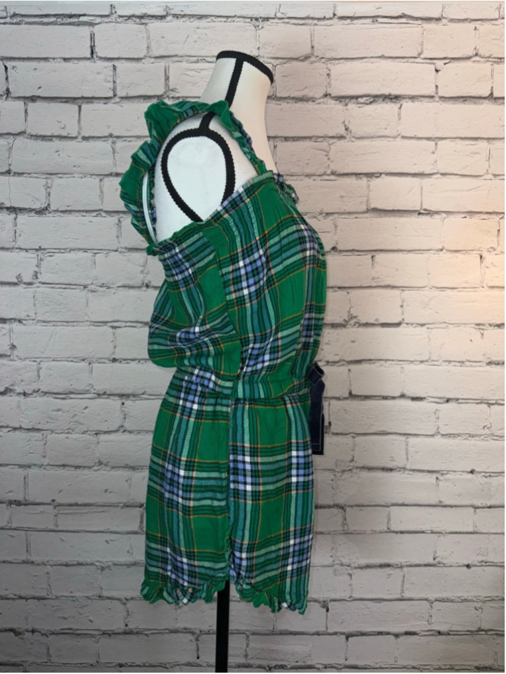 Women's Aerie Flannel Romper size XS Green Plaid Ruffle Boho Velvet Bow Fall - Picture 7 of 15